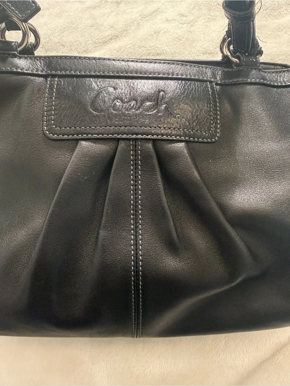 Coach Black Pleated Leather Shoulder Bag Vintage Turnlock Side Pockets Lilac TLC